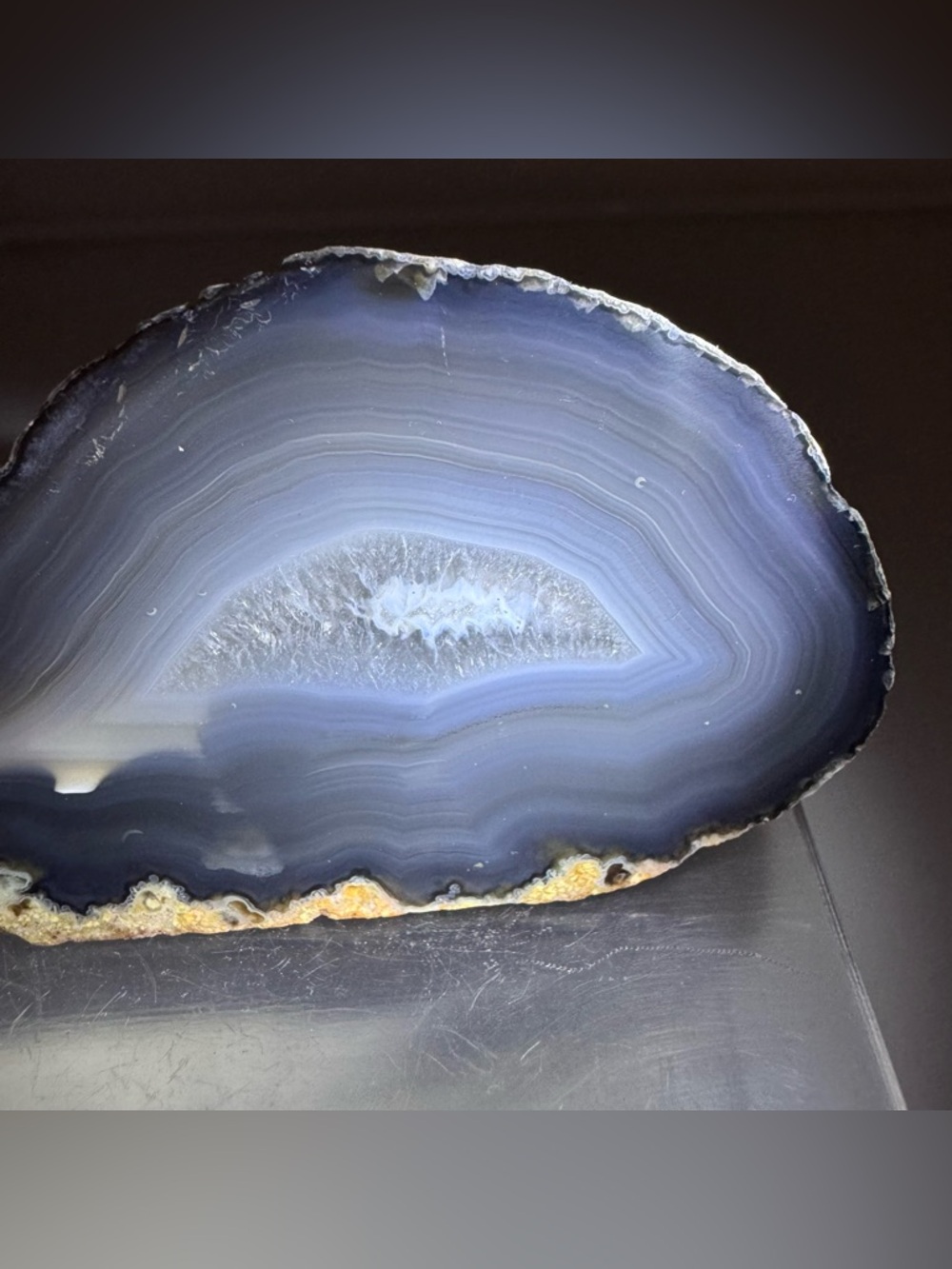 Blue Gray Agate Geode Half Druzy Quartz Crystal Slice Freestanding